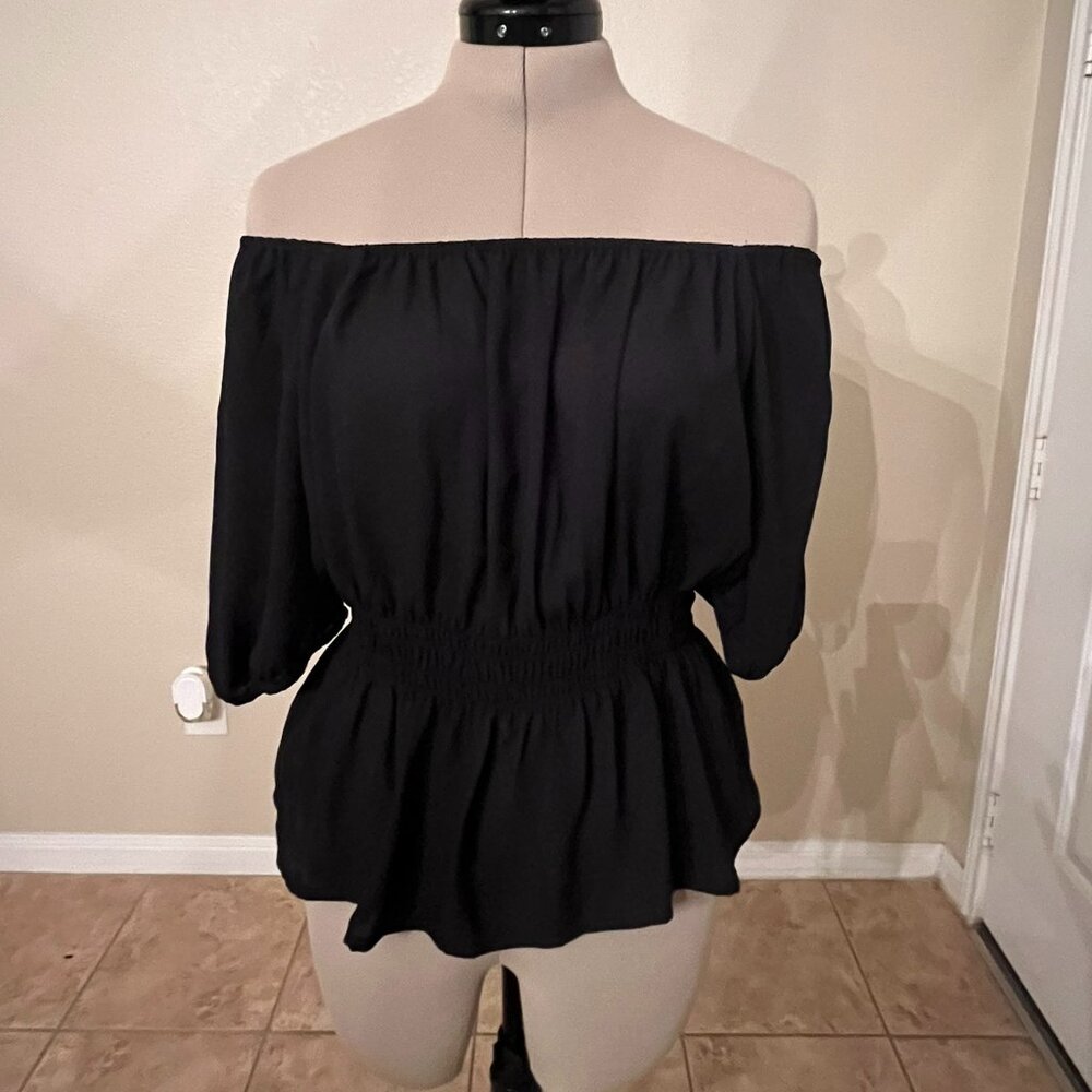 LOFT Gathered Waist V-Neck Blouse in Black